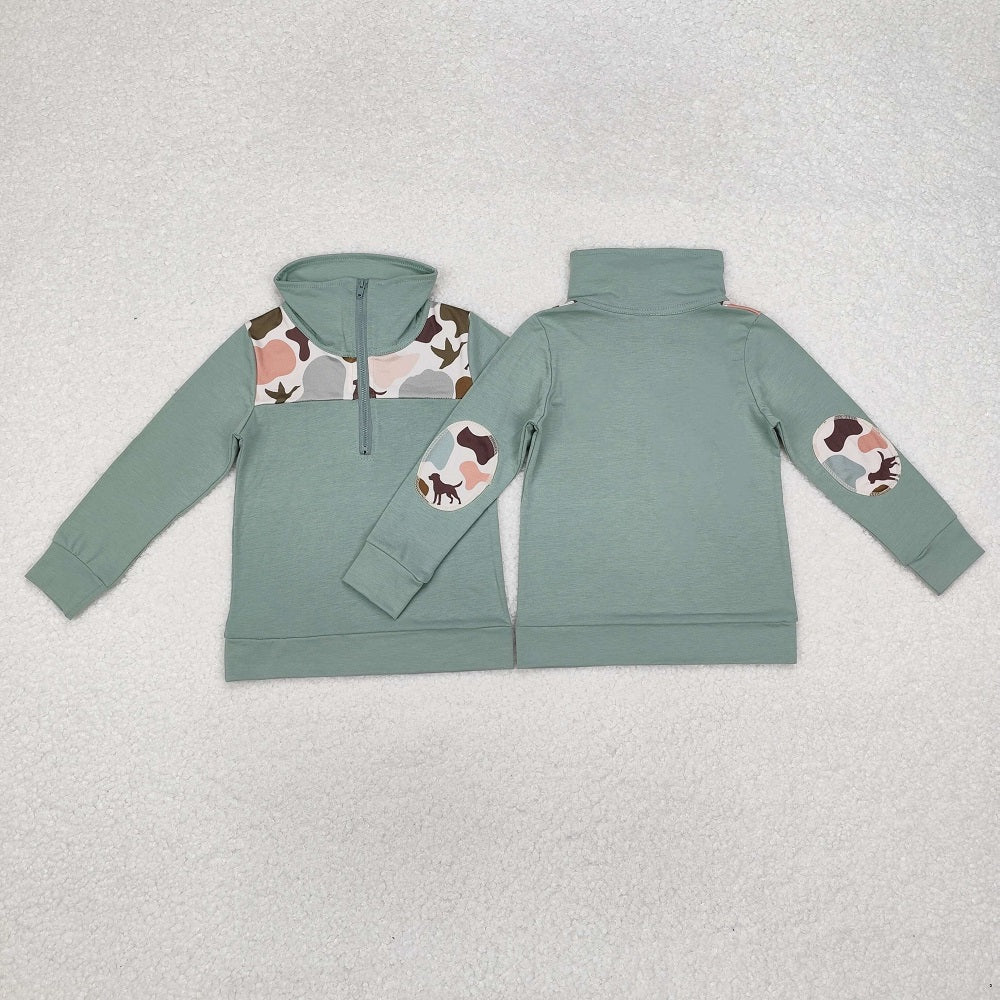 BT0796 Puppy Duck Camo Green Zip-Up Long Sleeve Top