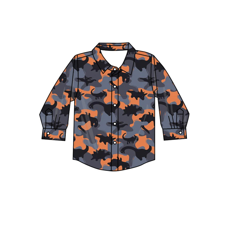 presale BT0802 Dinosaur Blue and Orange Camouflage Button Long Sleeve Top
