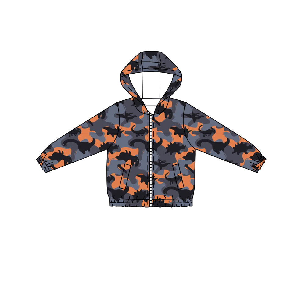 presale BT0803 Dinosaur Blue and Orange Camouflage Zip-Up Hooded Long Sleeve Top