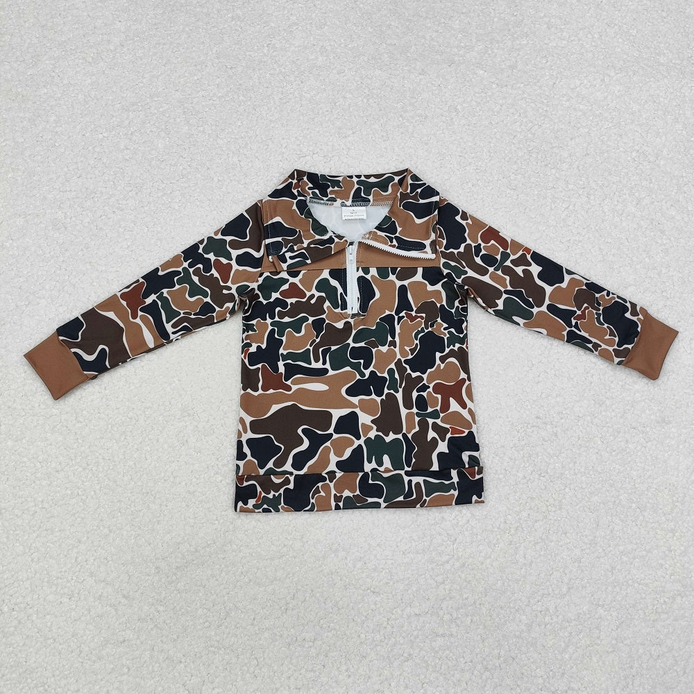 BT0810 Brown Green Camouflage Beige Zipper Long Sleeve Top