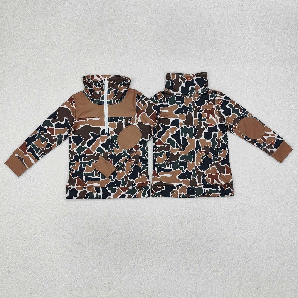 BT0810 Brown Green Camouflage Beige Zipper Long Sleeve Top