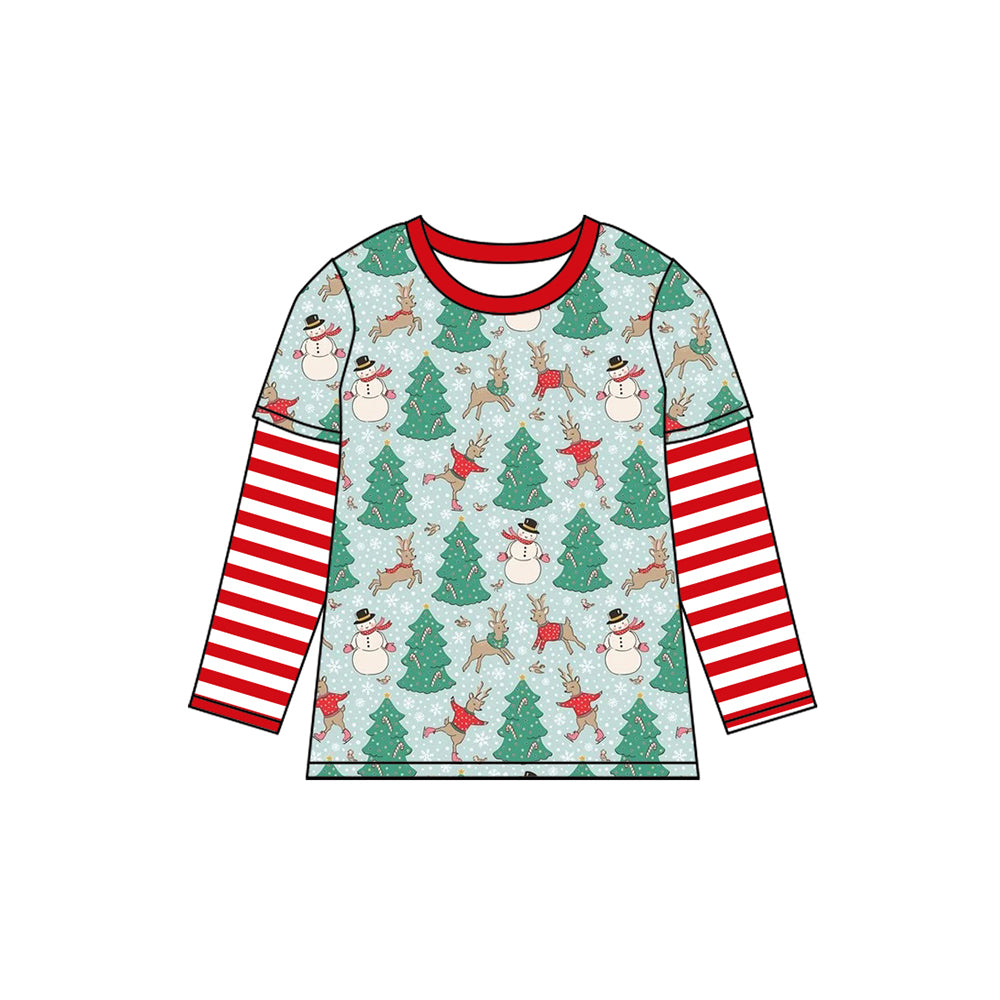presale BT0841 Christmas Tree Snowman Reindeer Snowflake Red Striped Long Sleeve Top 2024 8.3
