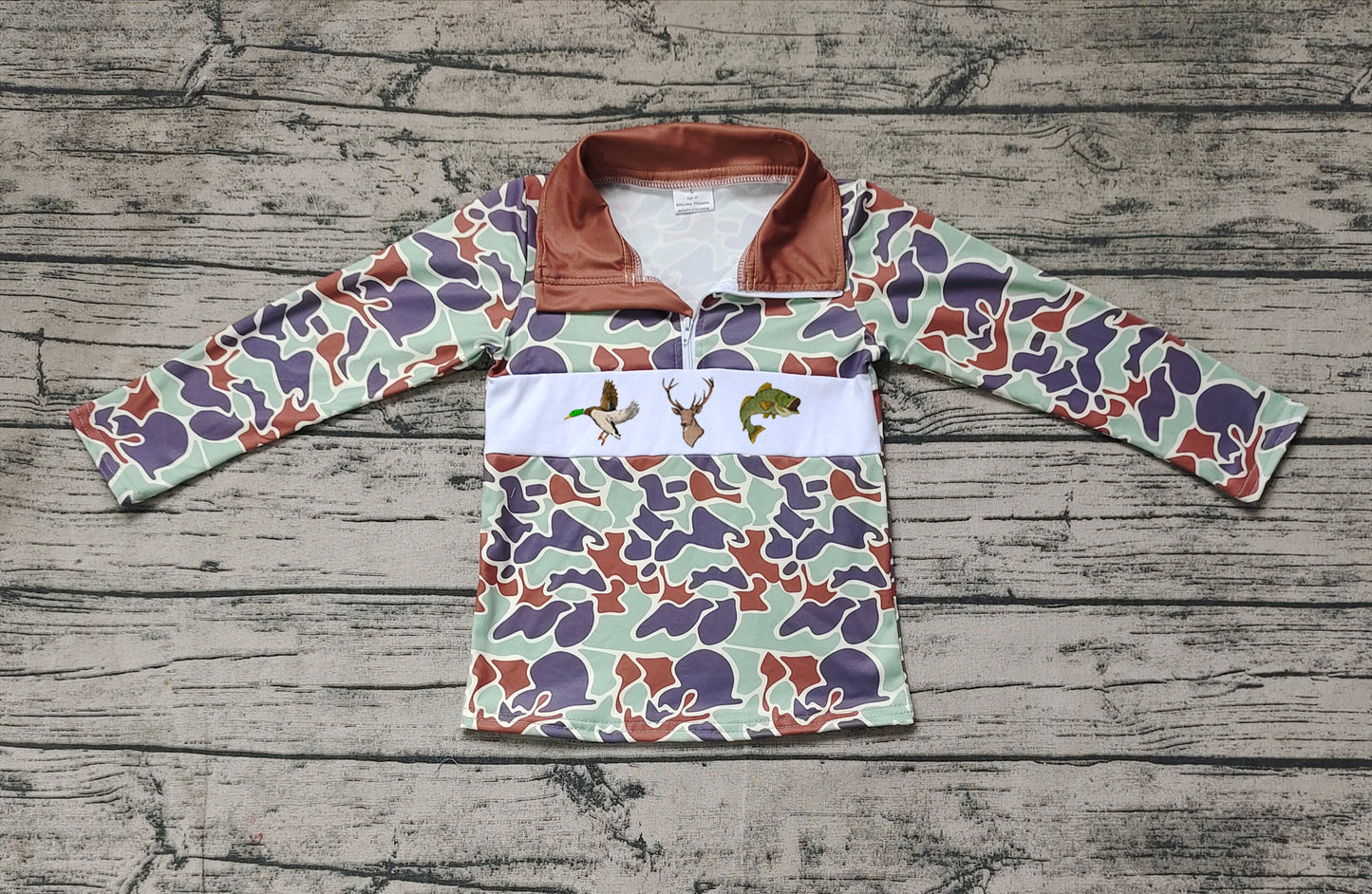 BT0902 Duck Elk Fish Camouflage Brown Green Zipper Long Sleeve Top