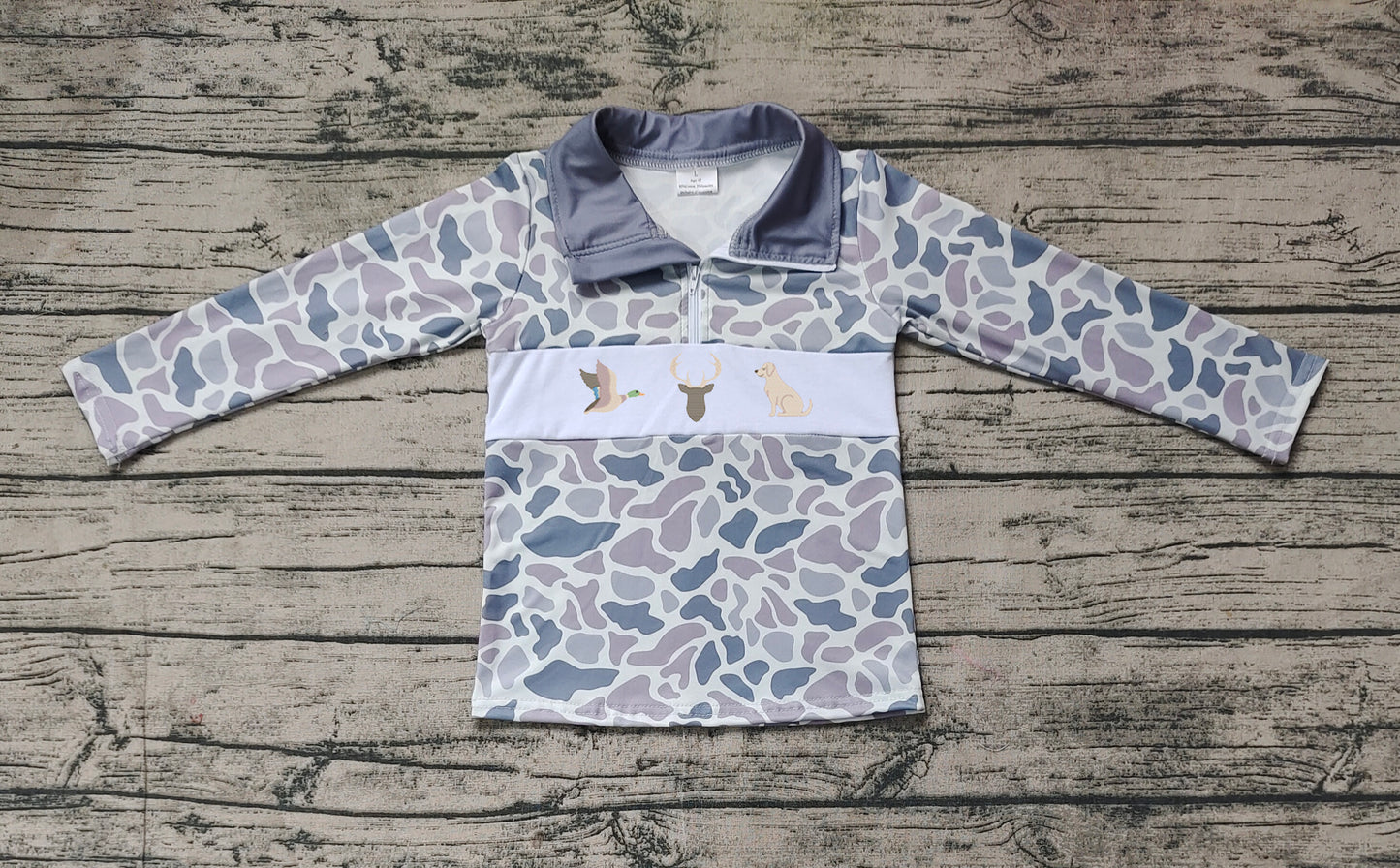 BT0904 Duck Elk Puppy Camo Gray Blue Zipper Long Sleeve Top