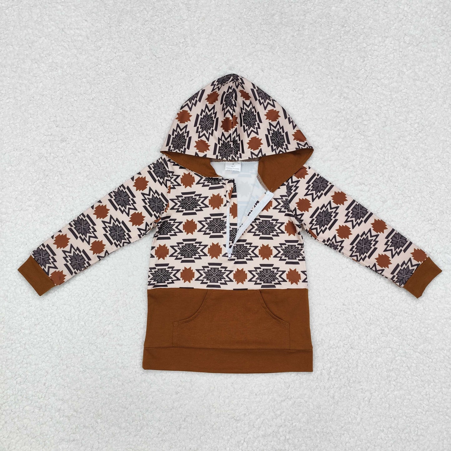 BT0908 Brown Geometric Zipper Pocket Hooded Long Sleeve Top