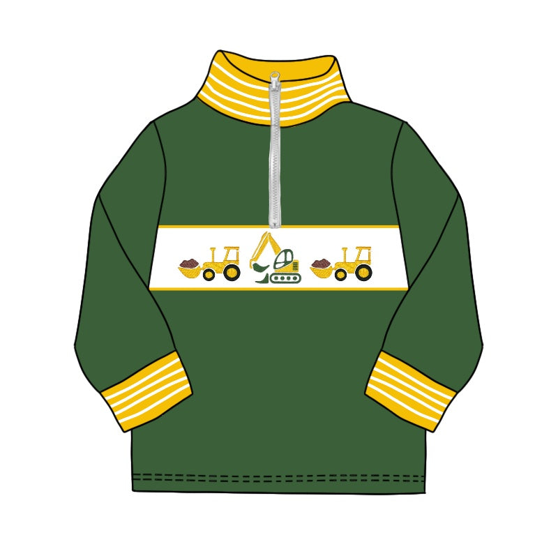 BT0931 Engineering Truck Stripe Yellow Collar Green Zipper Long Sleeve Top