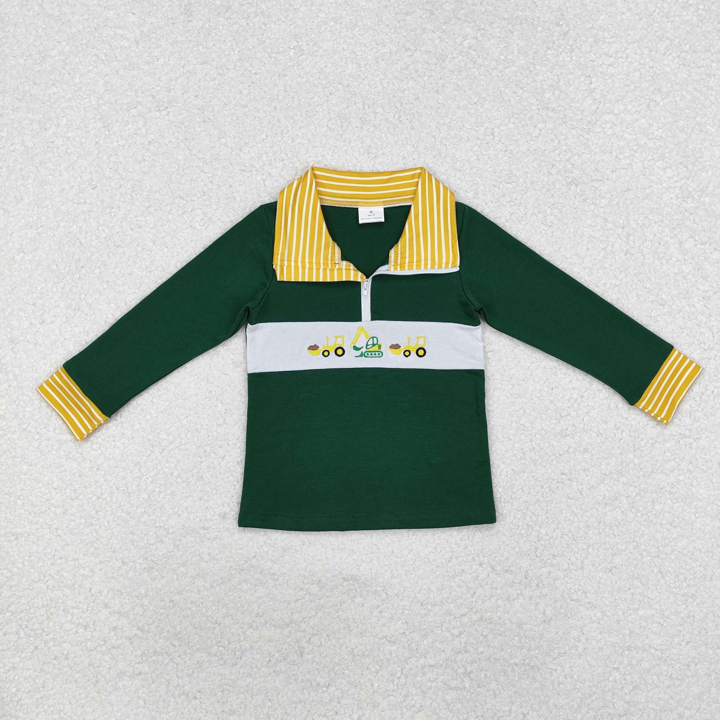 BT0931 Engineering Truck Stripe Yellow Collar Green Zipper Long Sleeve Top