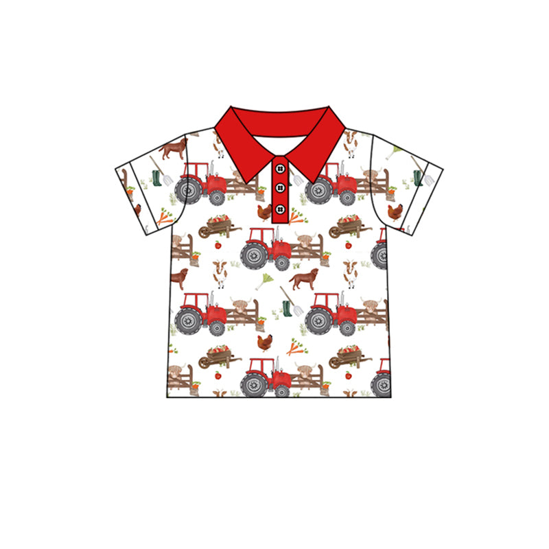 BT1043 Farm Animals Tractor Red and White Button Short Sleeve Top