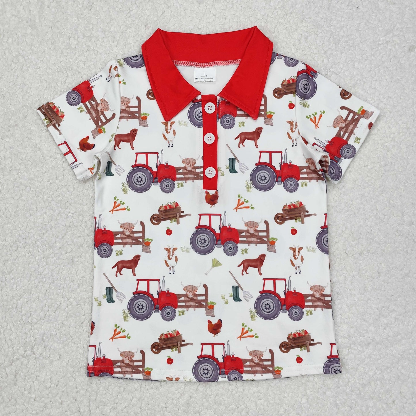 BT1043 Farm Animals Tractor Red and White Button Short Sleeve Top