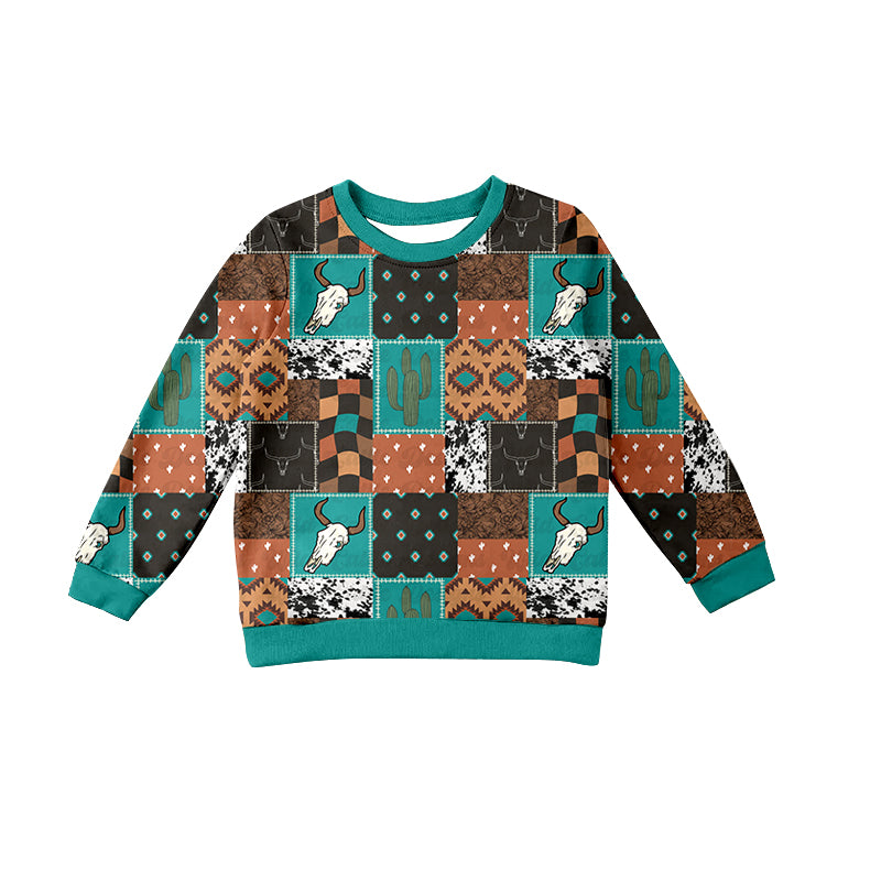 BT1060 Alpine Bull Head Geometric Cactus Plaid Long Sleeve Top