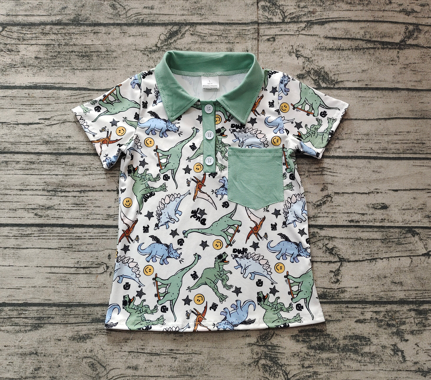 BT1133 Baby Boys Green Dinosaurs Pocket Buttons Shirts