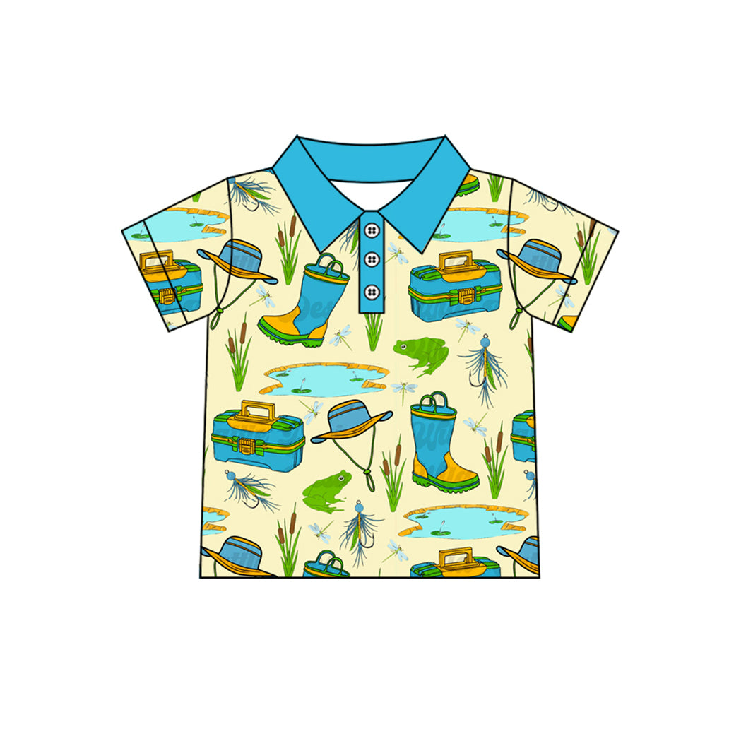 presale BT1226 Baby Boys Blue Short Sleeves Button Fishing Polo Shirts Top D 4.7