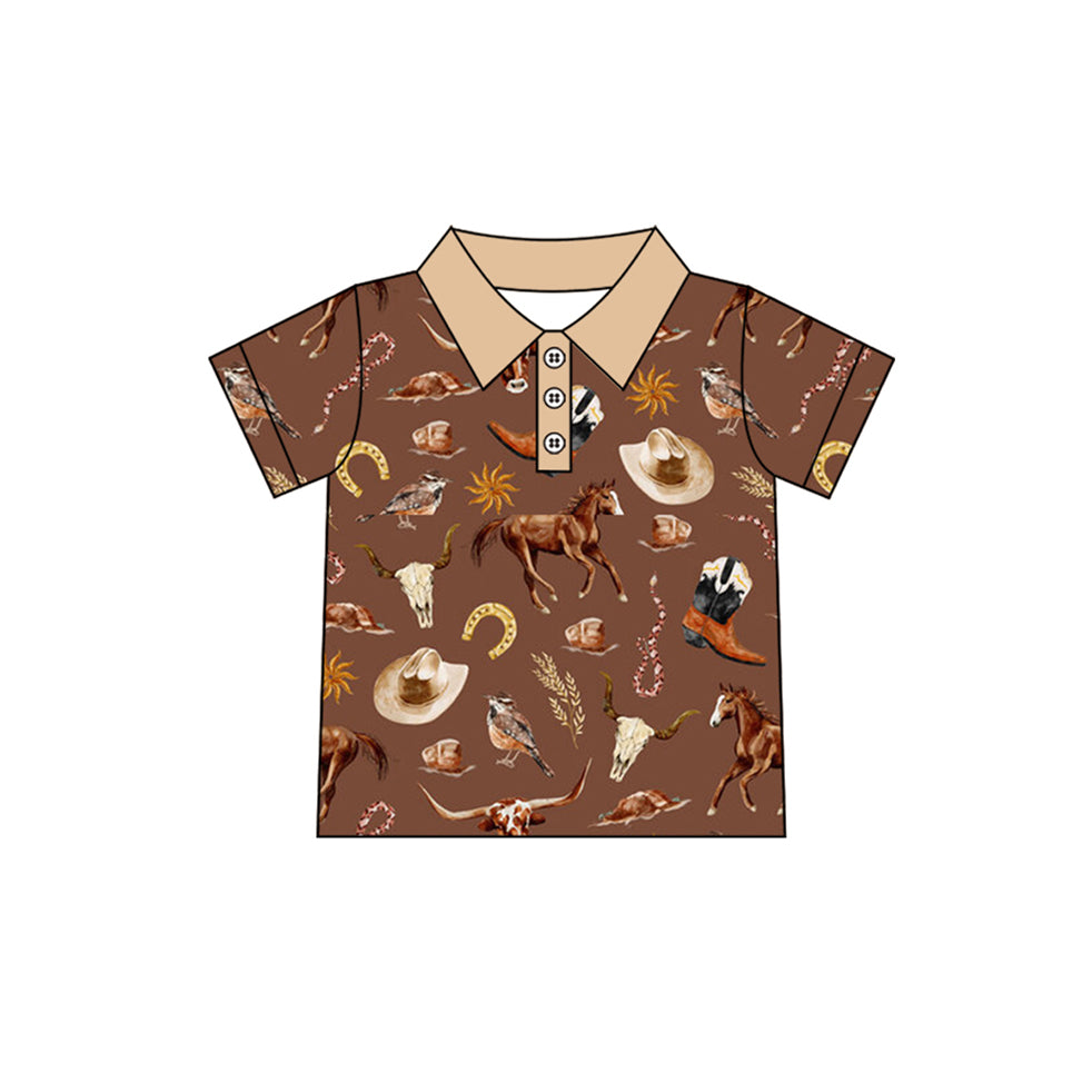 presale BT1230 Baby Boys Brown Short Sleeves Button Hats Horses Polo Shirts Top D 4.9