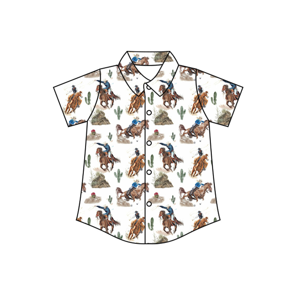 presale BT1235 Horseback Cactus White Button Short Sleeve Top D 4.16