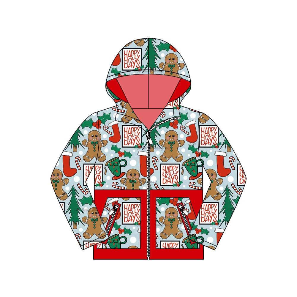 presale BT1326 Baby Boys Christmas Gingerbread Holly Pocket Zipper Hoodies Top D 815