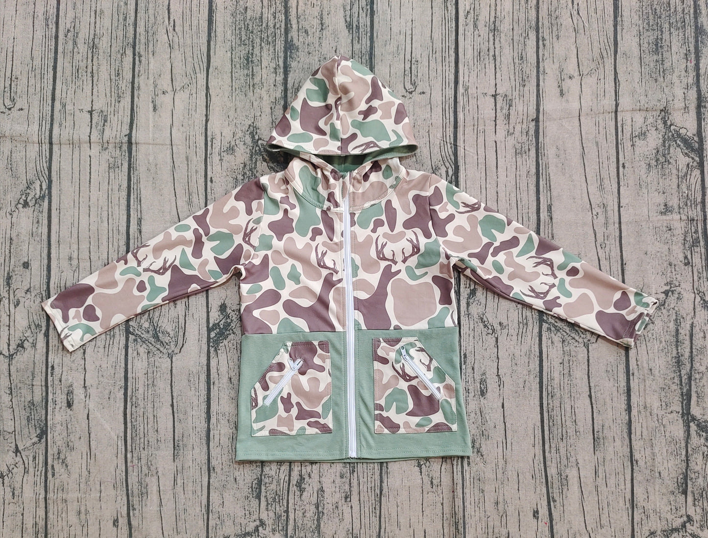 BT1335 Baby Bows Brown Deer Camo Pocket Zipper Western Hoodies Top D 929