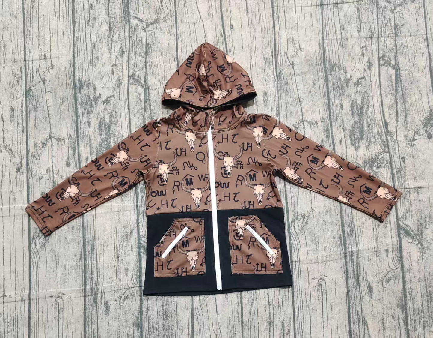 preorder BT1337 Baby Boys Brown Bull Skulls Pocket Zipper Western Hoodies Jackets D 1009