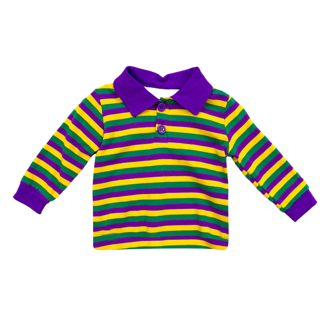 presale BT1358 Mardi Gras yellow, green and purple striped button-down long-sleeved top D 915