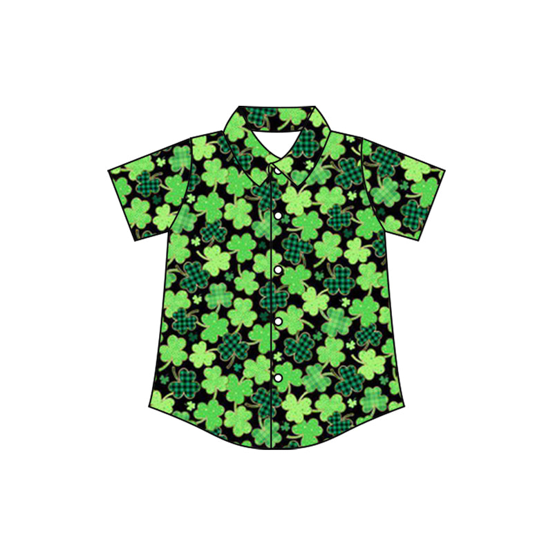 presale BT1455 Baby Boys Green Clovers Plaid Button St Patrick Shirts Top D 1031