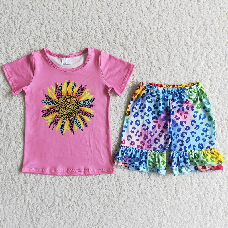 D11-11 Pink sunflower leopard print shorts set D 7.4