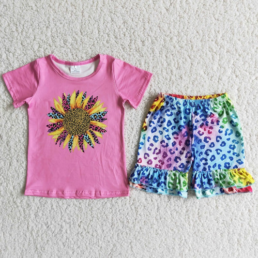 D11-11 Pink sunflower leopard print shorts set D 7.4