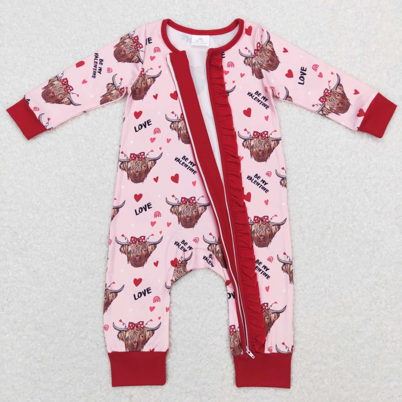 baby girl valentine highland cow zip sleeper