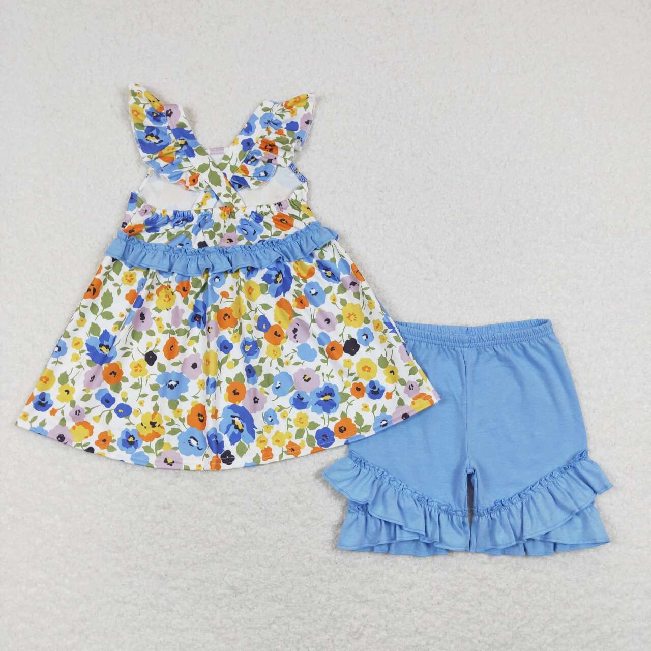 GSSO0494 Floral blue lace flying sleeve shorts suit