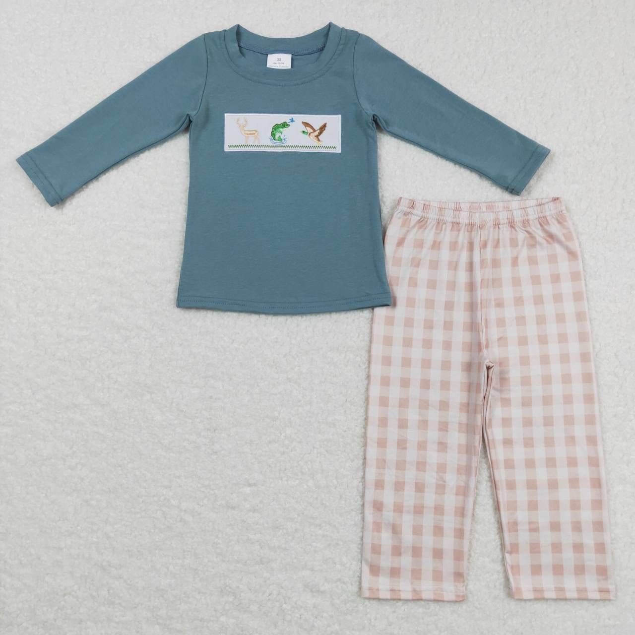 BLP0381 Embroidered Elk Fishing Duck Blue Long Sleeve Khaki Plaid Pants Suit