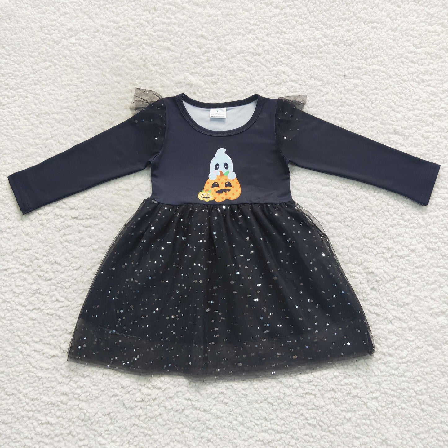 GLD0224 Smile Pumpkin Ghost Sequin Black Tulle Long Sleeve Dress