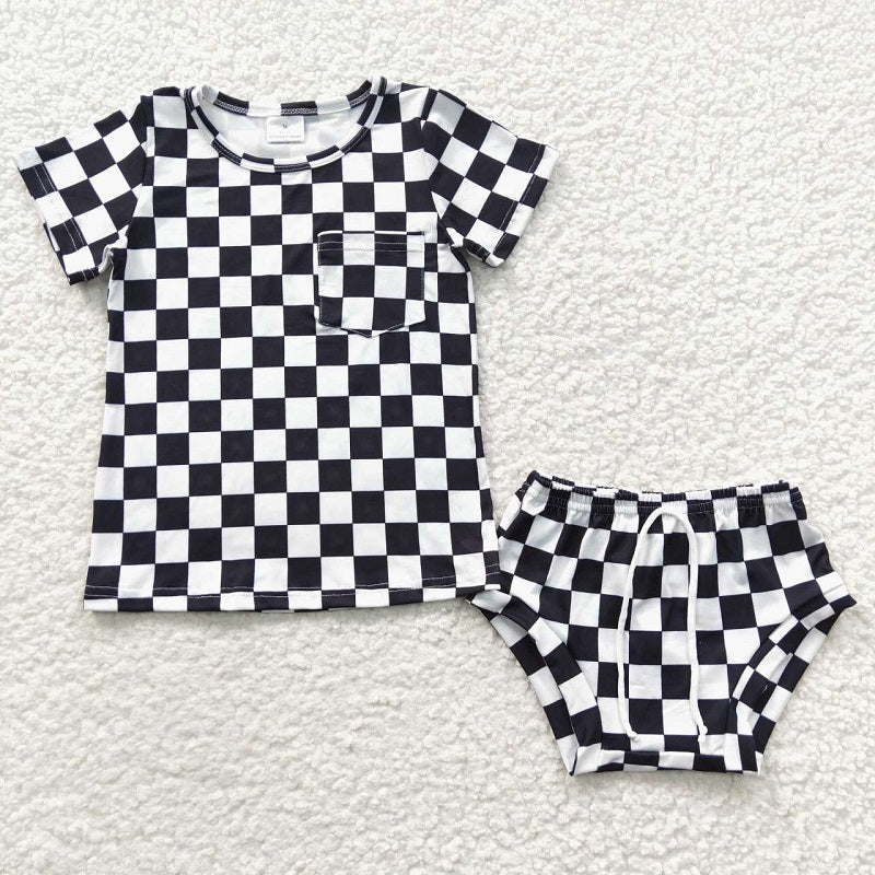 GBO0144 Black Plaid Short Sleeve Bummies Set