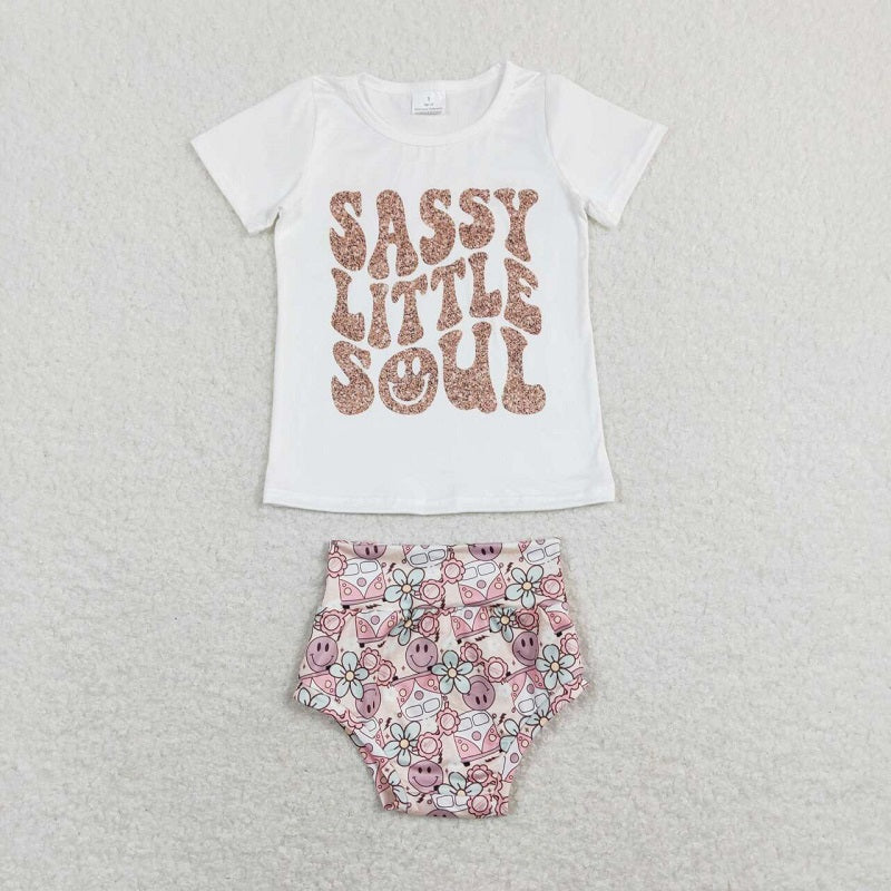 GBO0207 sassy little soul letter white short-sleeved smile face flower briefs suit