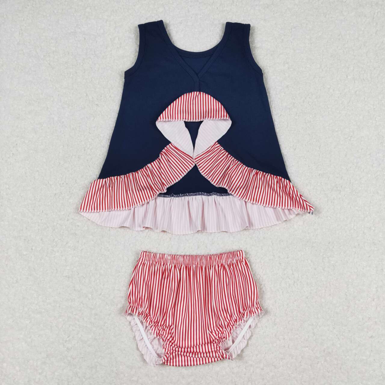 GBO0209 Embroidered baseball navy blue sleeveless red and white striped briefs set