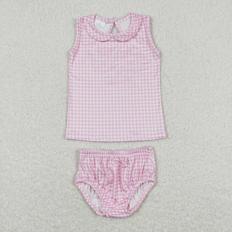 GBO0222 Pink and white plaid doll collar sleeveless briefs set