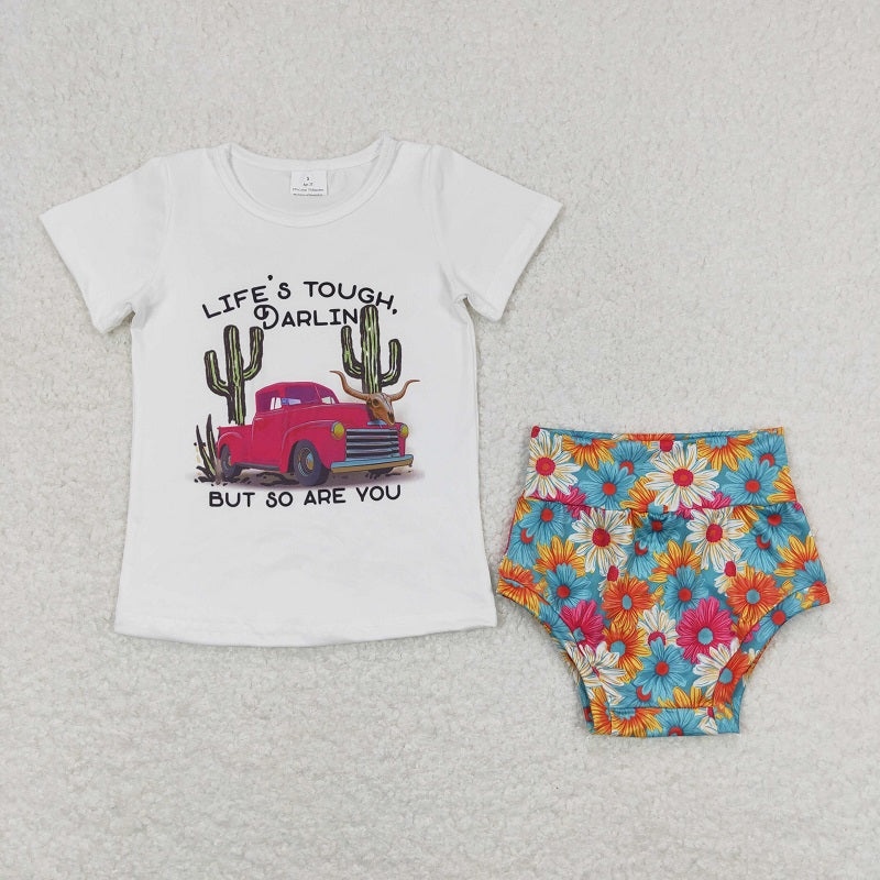 GBO0306 Alphabet Cactus Trucks White Short Sleeve Flower Briefs Set