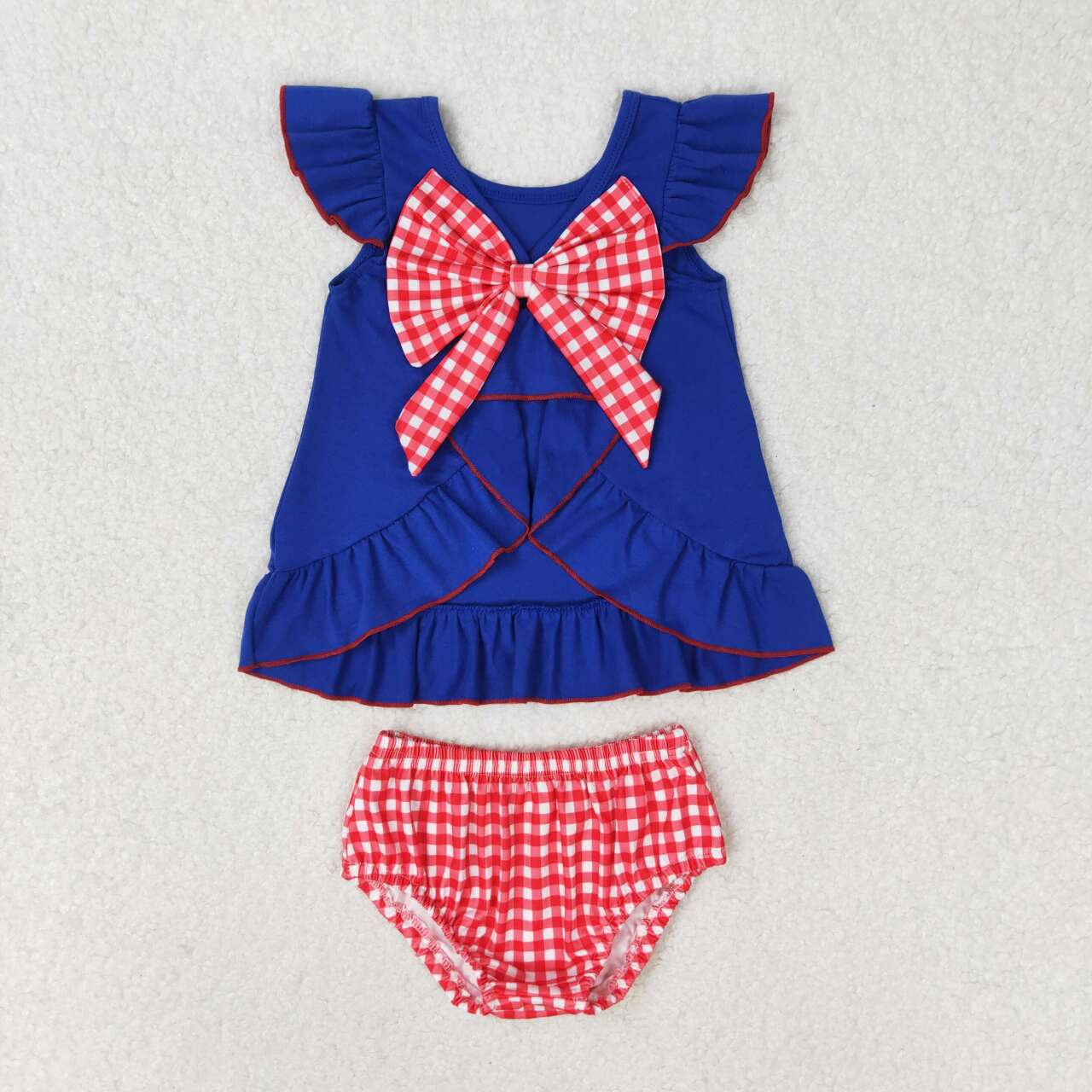 GBO0311 Embroidered flag bow navy blue flying sleeves red and white plaid briefs suit D 4.28
