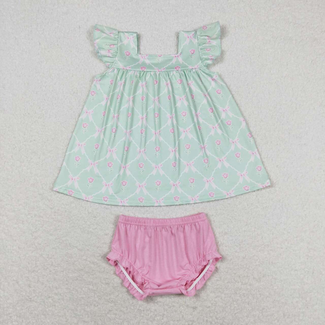 GBO0353 Flower bow green flying sleeves pink briefs suit