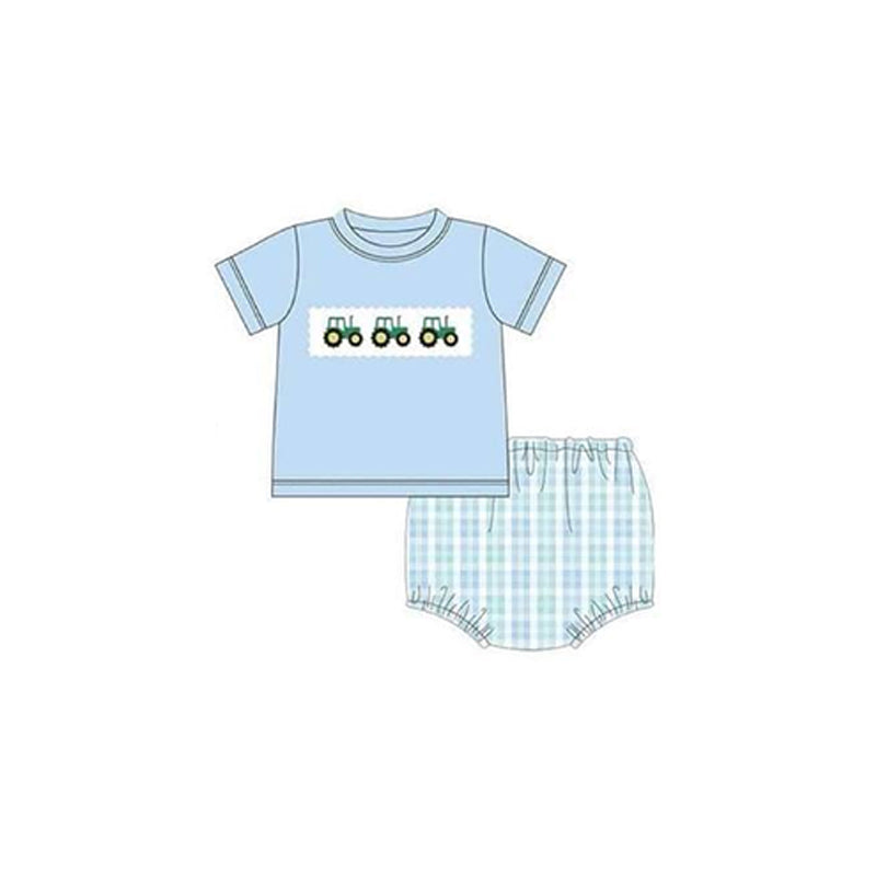 presale GBO0386 Farm tractor blue short-sleeved plaid briefs suit