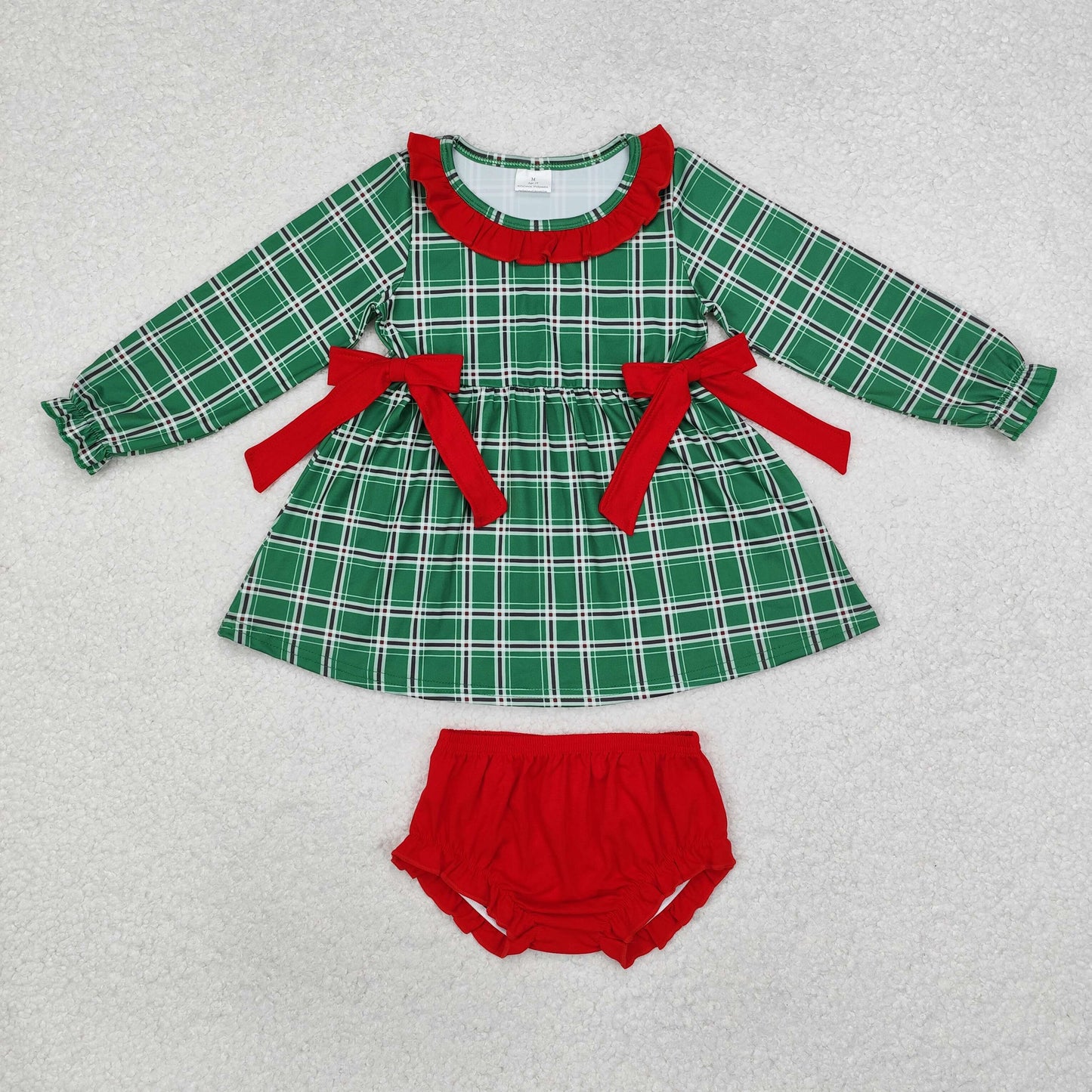 GBO0406 Christmas Plaid Red Lace Bow Green Long Sleeve Briefs Set
