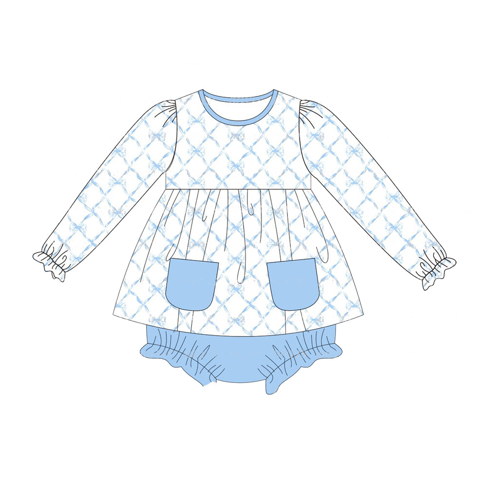 presale GBO0408 Bow pattern blue pocket white long sleeve briefs set