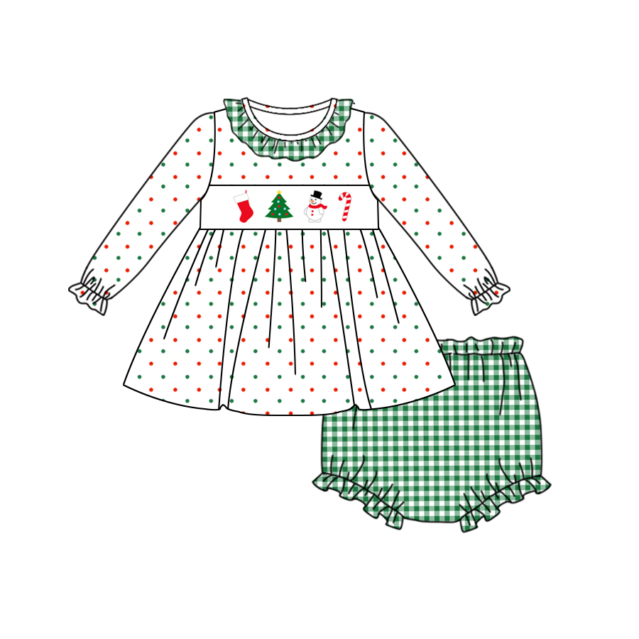 presale GBO0411 Christmas Tree Snowman Cane Polka Dot Green Plaid Lace White Long Sleeve Briefs Set