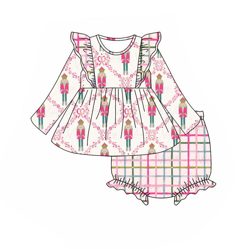 GBO0416 Christmas Bow Pattern Nutcracker Long Sleeve Plaid Briefs Set