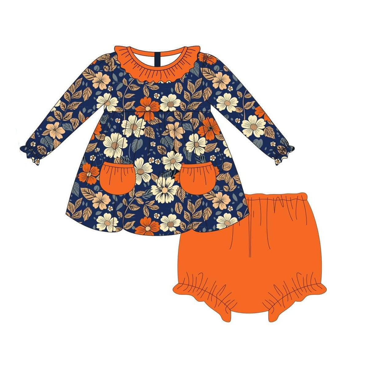presale GBO0430 Flower Orange Lace Pocket Navy Blue Long Sleeve Briefs Bummies Set