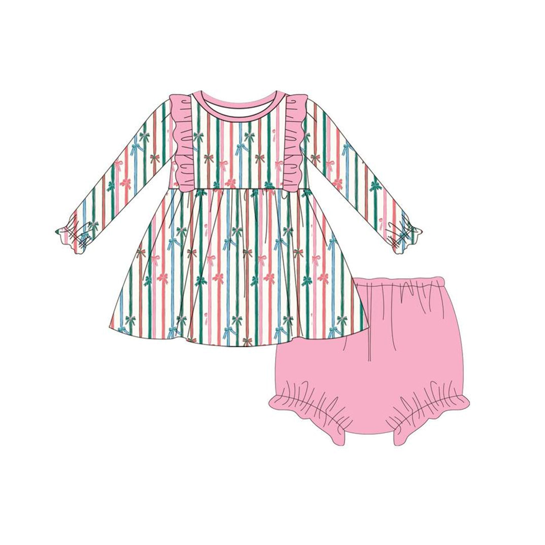 presale GBO0424 Colorful striped bow pattern pink lace long-sleeved bummies set