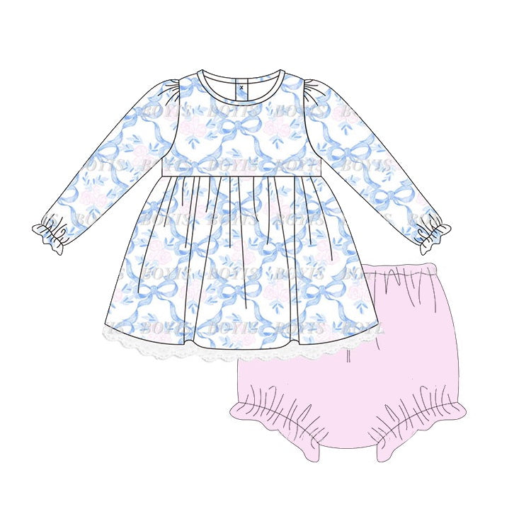 GBO0426 White long-sleeved pink briefs set with flower and bow pattern