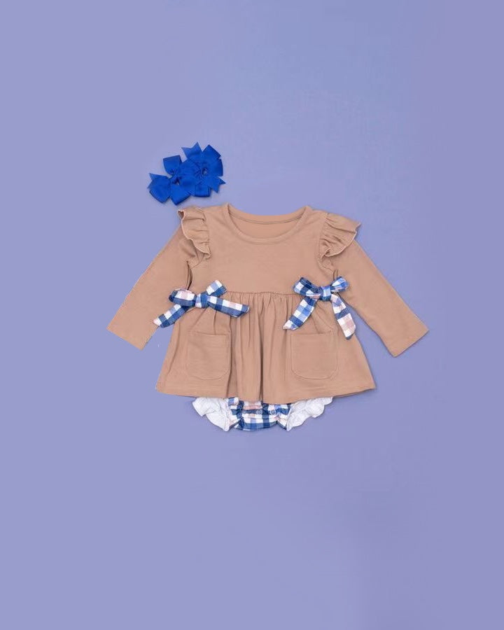 presale GBO0445 Blue plaid bow brown long-sleeved bummies suit 2024 10.8