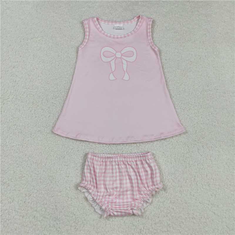 Baby Girls Pink Bows Print Sleeveless Knee Length Dresses Bummies Set D 1205