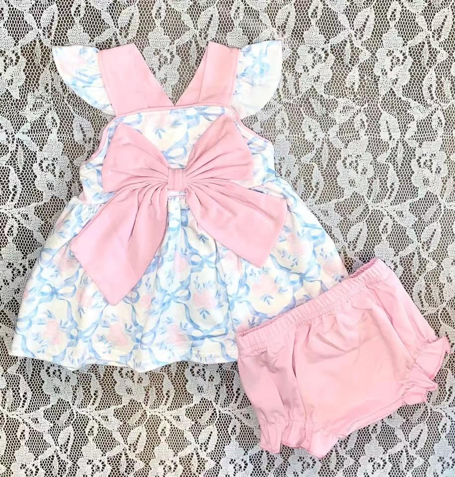 presale GBO0473 Baby Girls Flutter Sleeves Floral Bows Tunic Pink Bummies Clothes Set D 3.11
