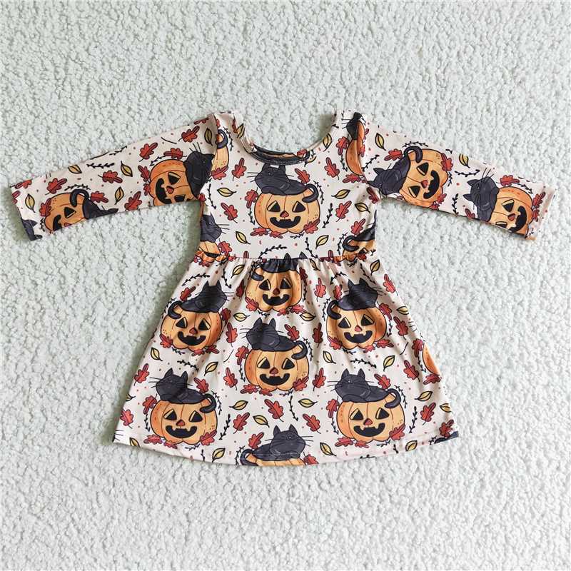 GLD0065 Halloween Pumpkin Black Cat Long Sleeve Dress D 7.26