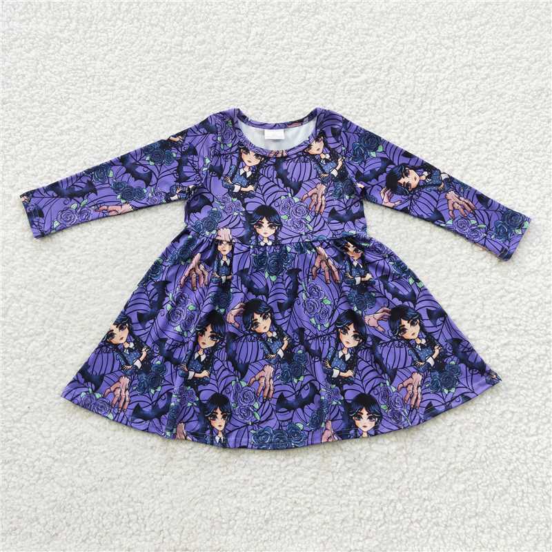 GLD0229 Wed Palm Flower Purple Long Sleeve Dress