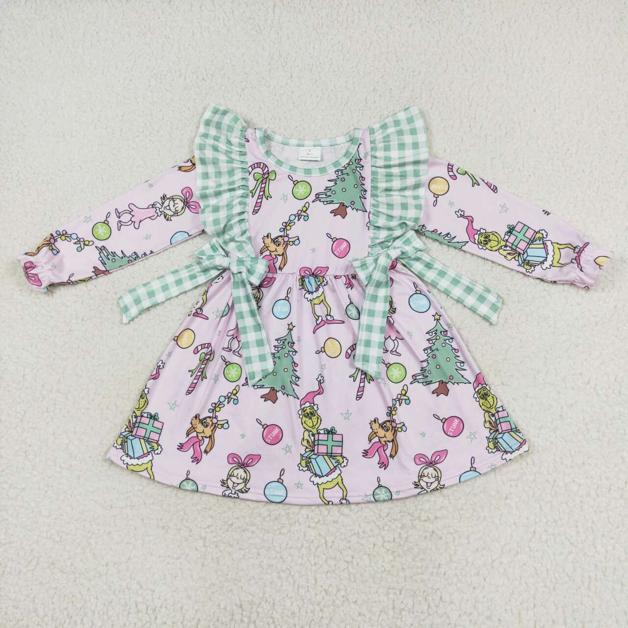 GLD0519 Christmas Gift Green Plaid Lace Bowknot Pink Long Sleeve Dress